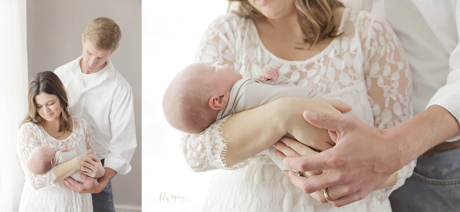  Side by side images of a family of three. The first, is a mother and father smiling down at their newborn son, sleeping in his mothers arms, and the second one is a close up of their hands around their child.&nbsp; 