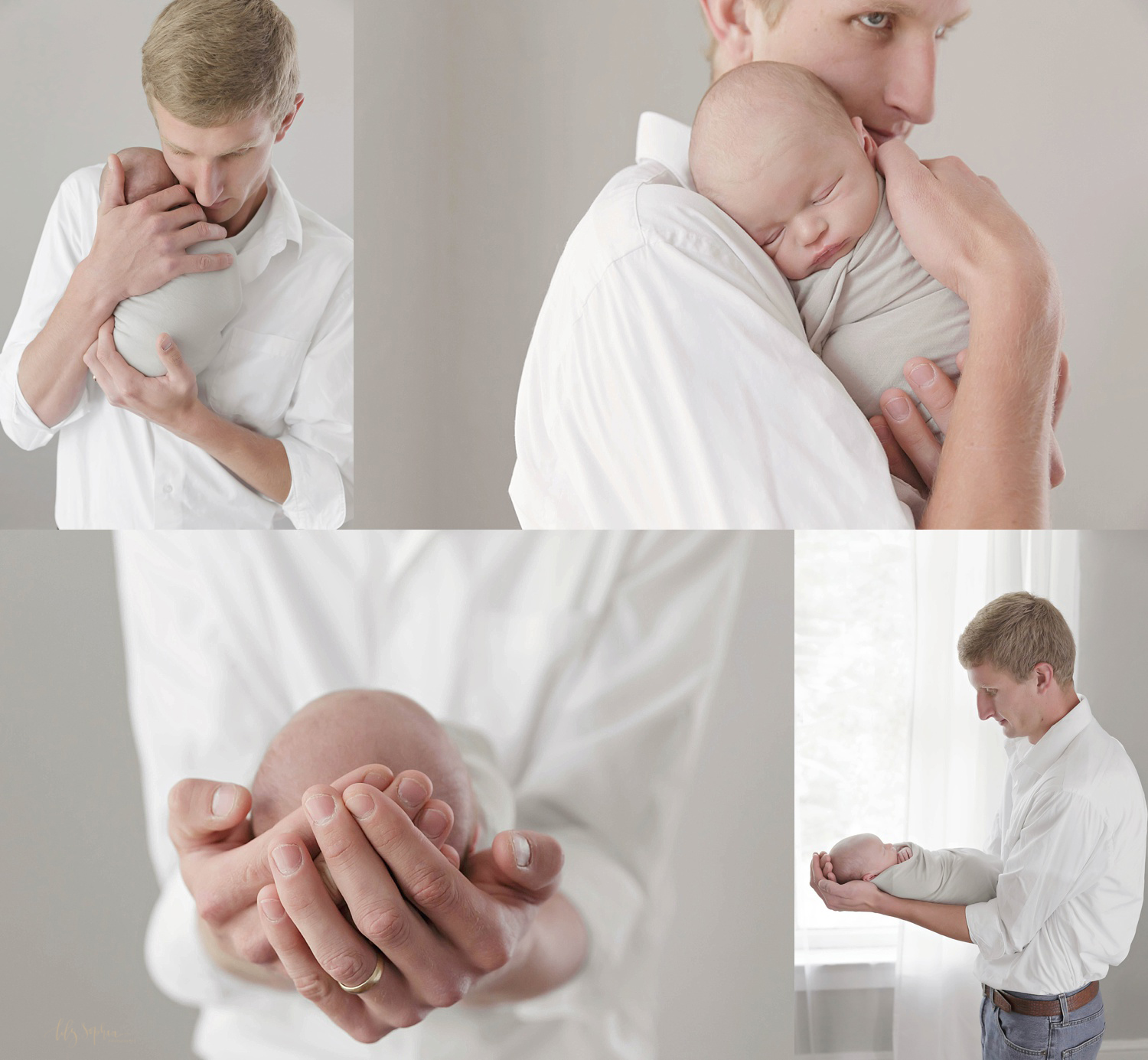  Photo collage of a father holding his newborn son and bonding.&nbsp; 
