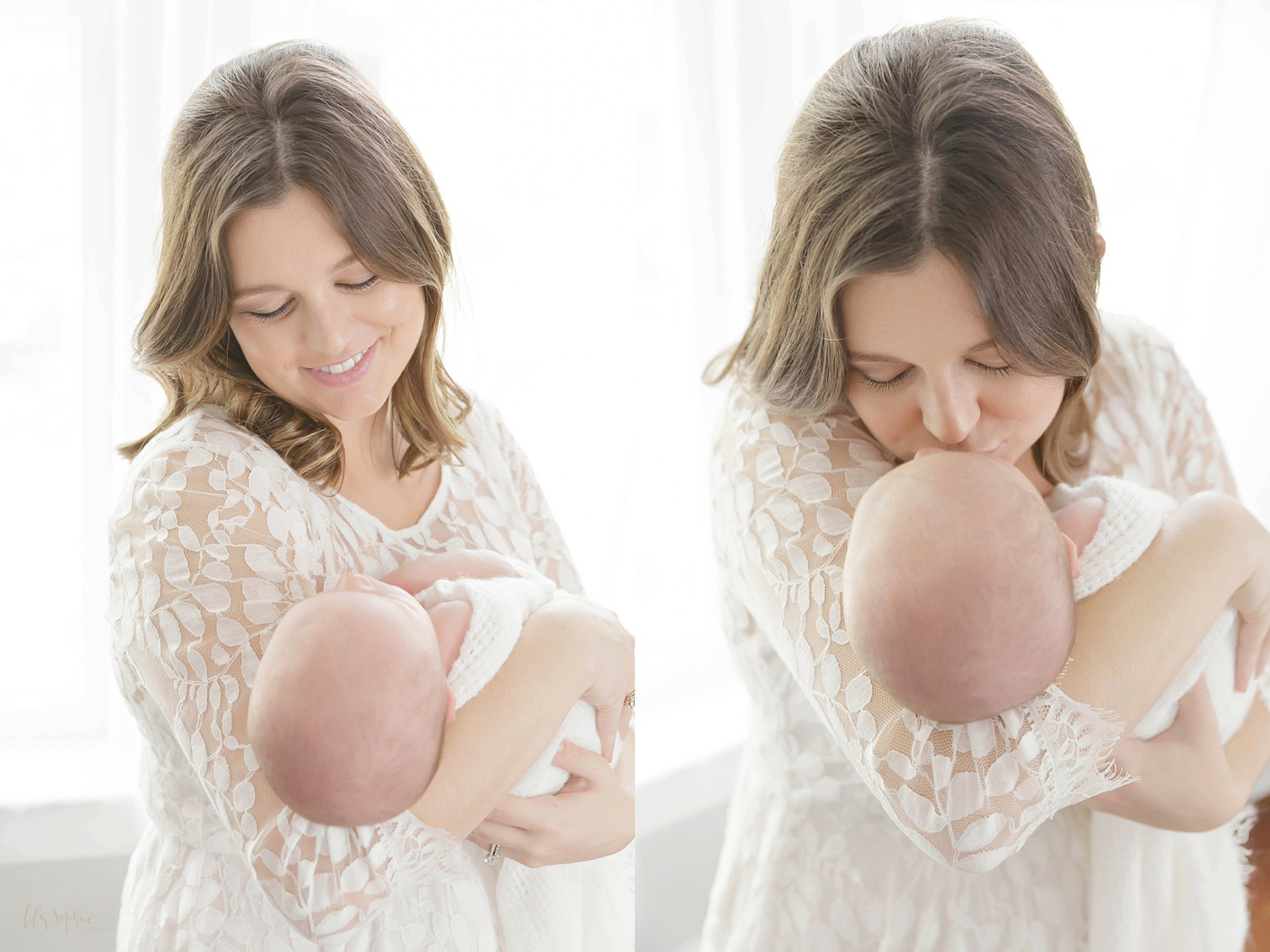  Side by side images of a mother holding her newborn son. In the first image she is smiling down at him, in the second image she is kissing forehead.&nbsp; 
