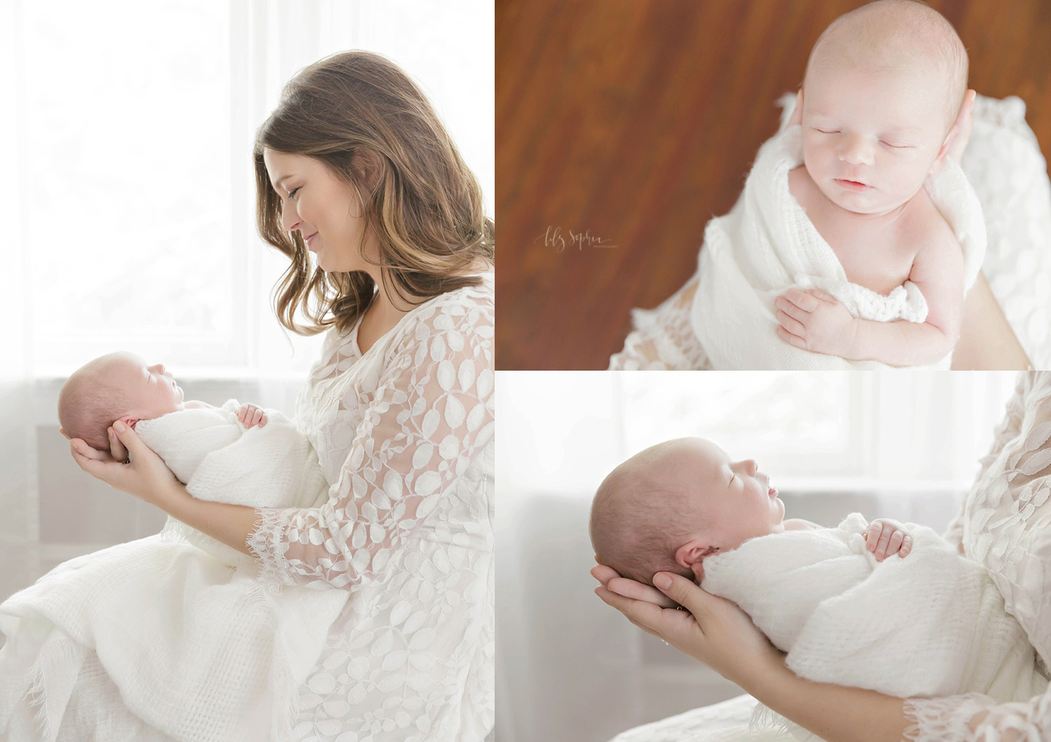  Photo collage, taken at various angles,&nbsp;of a mother holding her sleeping newborn son while sitting on a chair.&nbsp;    