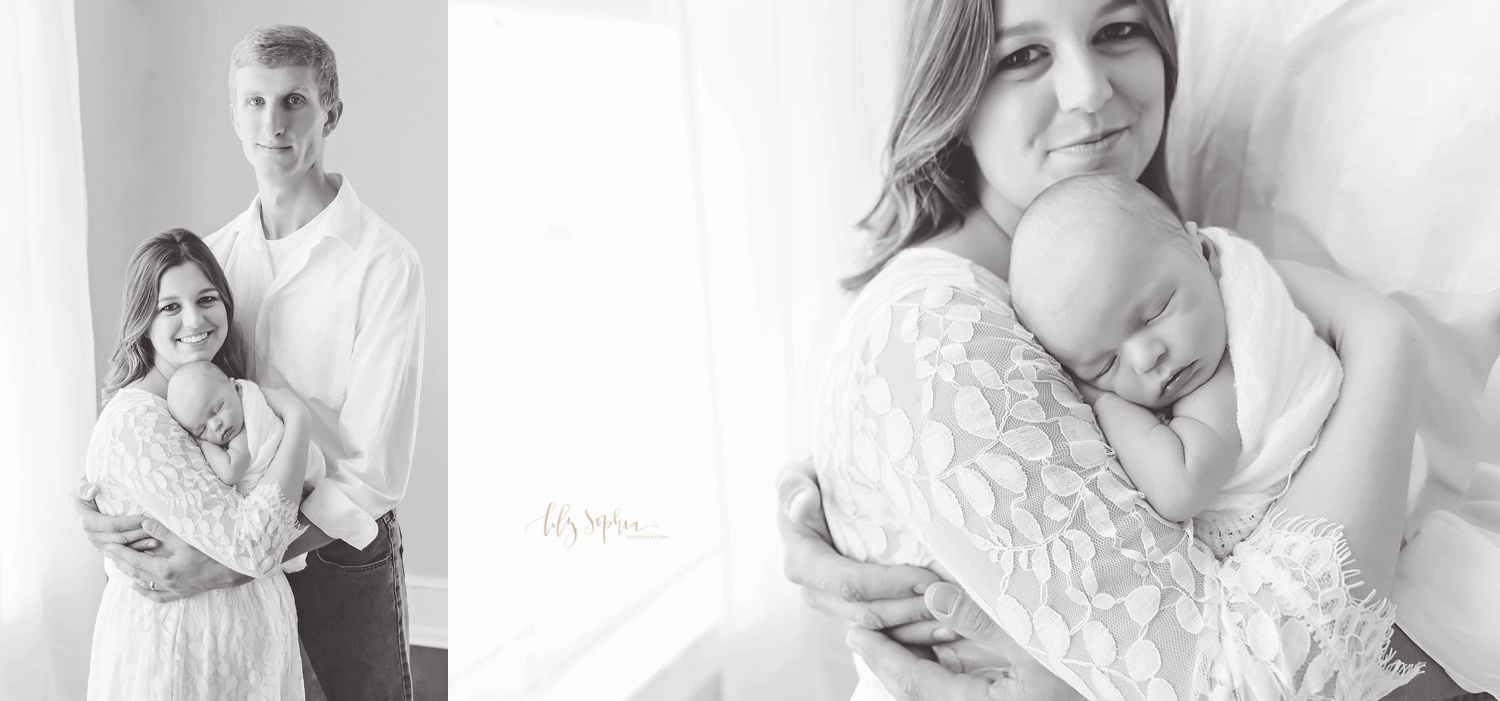  Side by side, black and white images of a family of three. In the first image, the mother is holding her sleeping, newborn son and smiling at the camera while her husband stands behind her and smiles. The second image is a close-up of the mother hol
