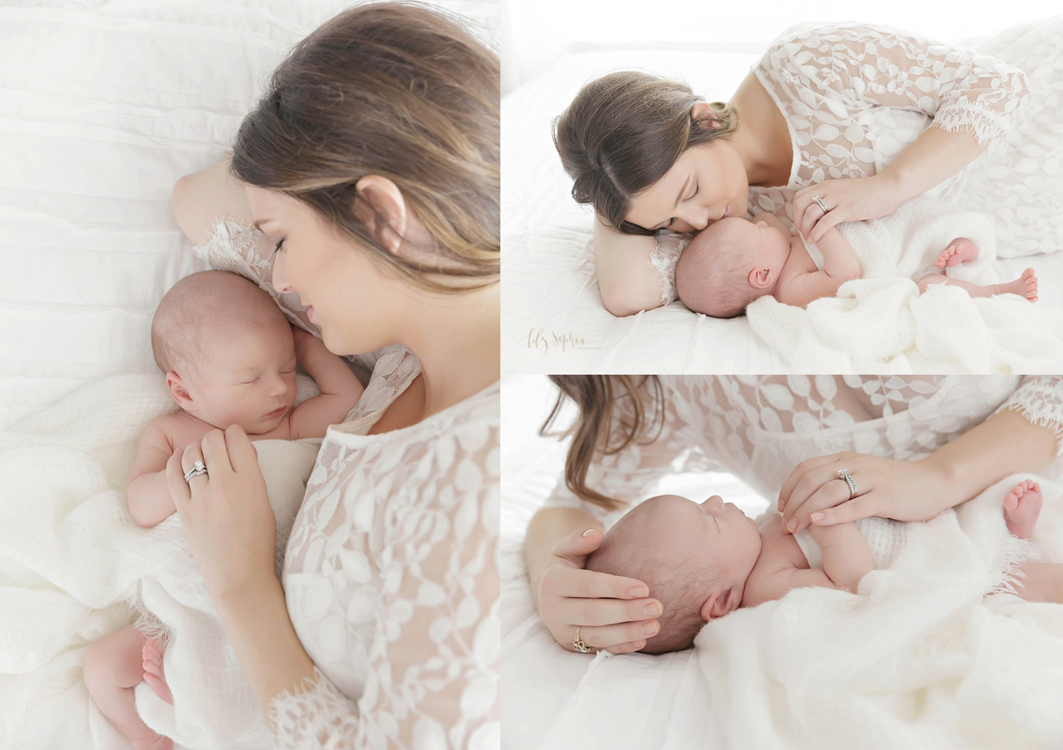  Photo collage of a mother on a bed with her sleeping, newborn, son next to her.&nbsp; 