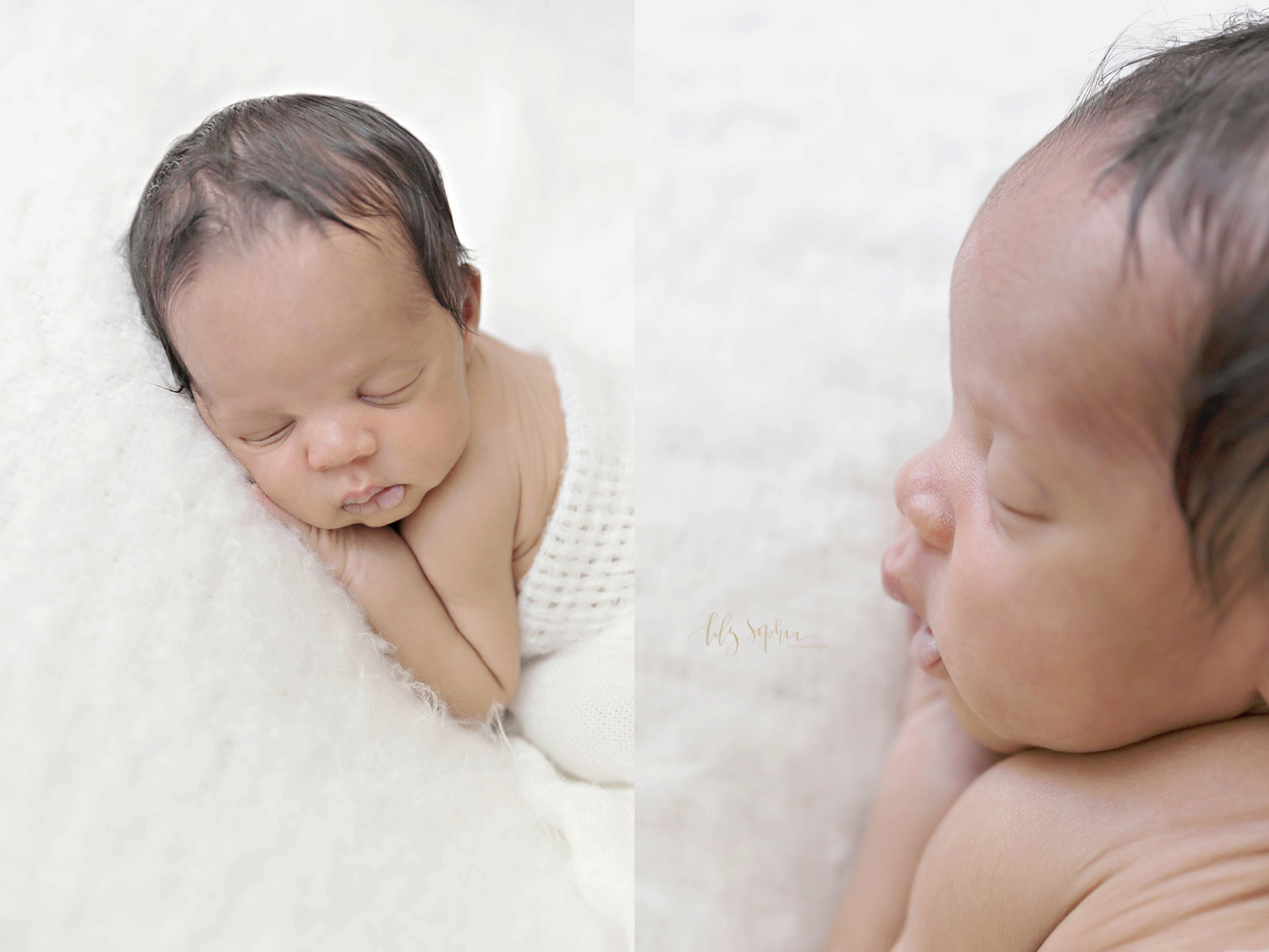 Side by side images of a sleeping newborn, African American boy, on a white blanket with his hand under his face and wrapped in a white waffle weave blanket. 