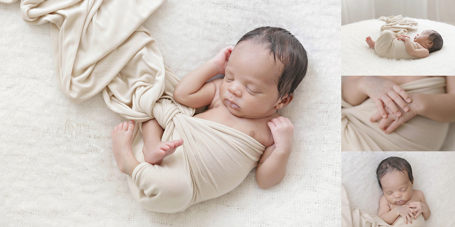  Collage of a sleeping, African American newborn boy, wrapped in a cream wrap with close up shots of his hands and profile. 