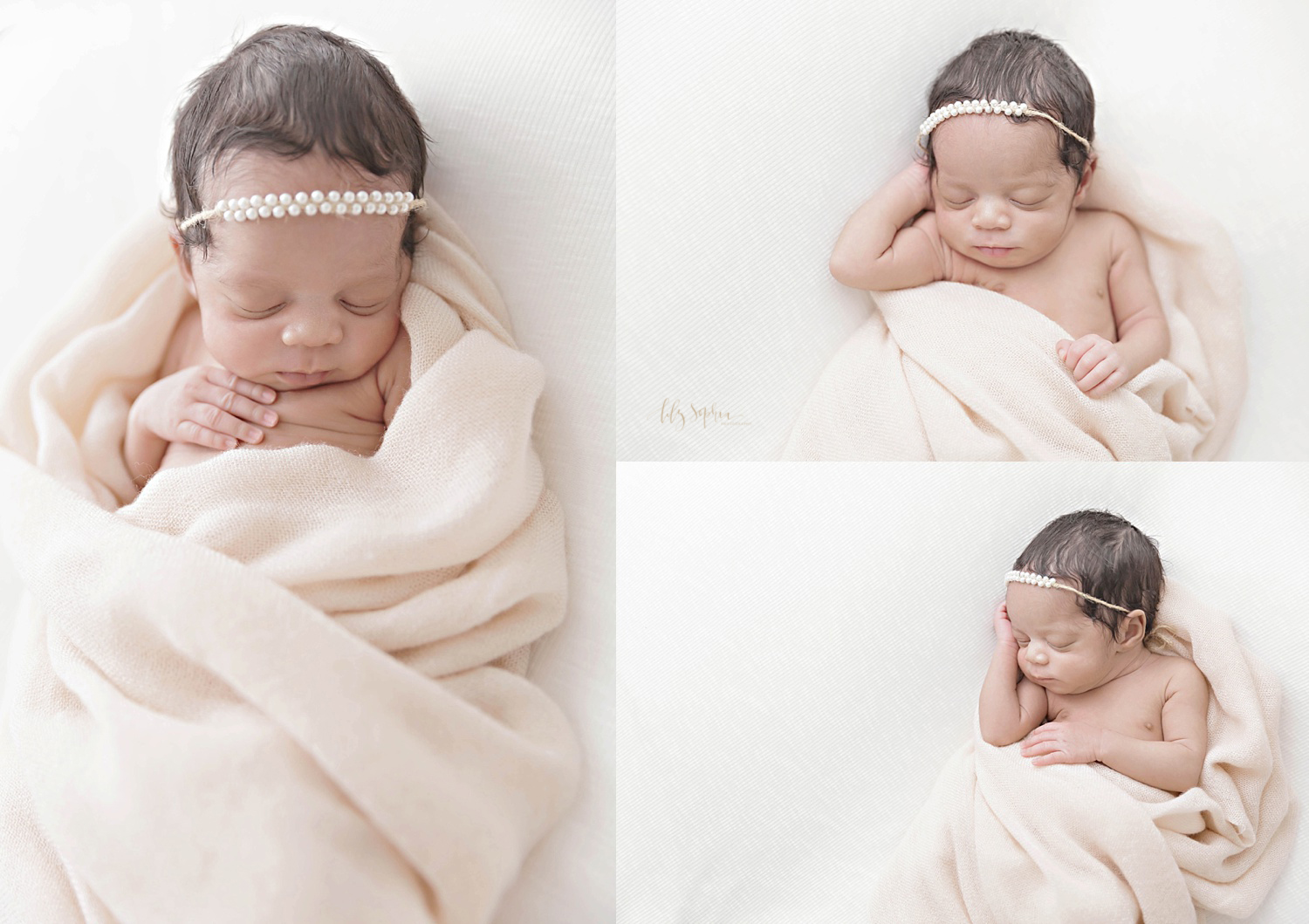  Collage of a sleeping, newborn African American girl, wrapped in a light pink wrap and wearing a pearl headband.&nbsp; 