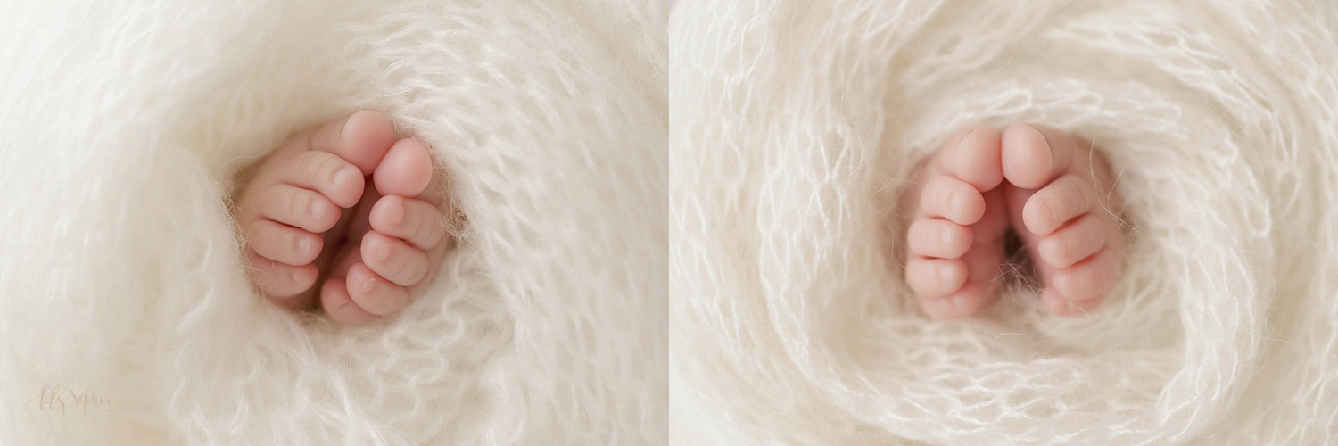  Side by side images of newborn toes wrapped in cream blanket. 