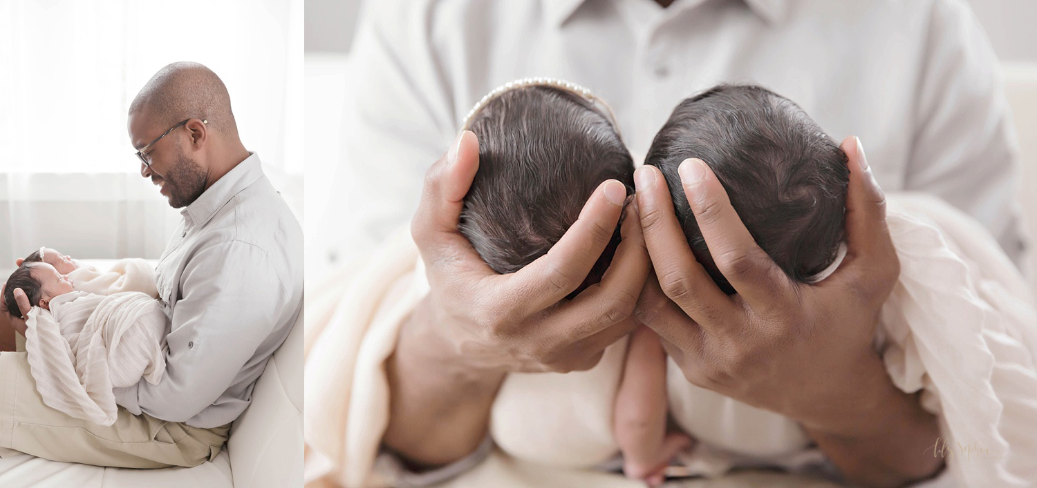  Side by side images of an African American dad holding his newborn boy/girl twins. One holding the twins in his arms and smiling down at them and one of their tiny heads in his hands.&nbsp; 