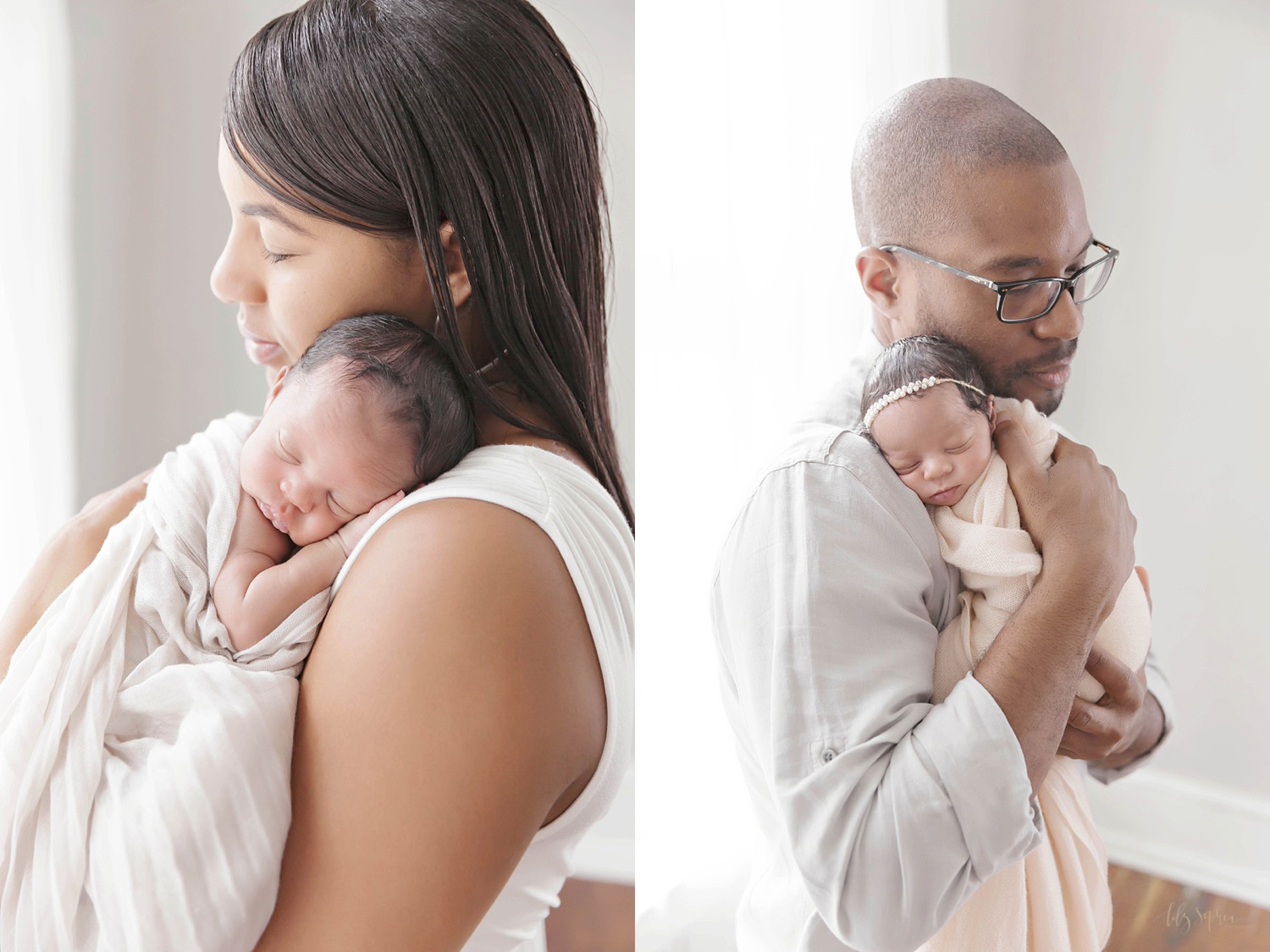  Side by side images of an African American mom holding her sleeping newborn son on her shoulder and an African American dad holding his newborn daughter on his shoulder. 