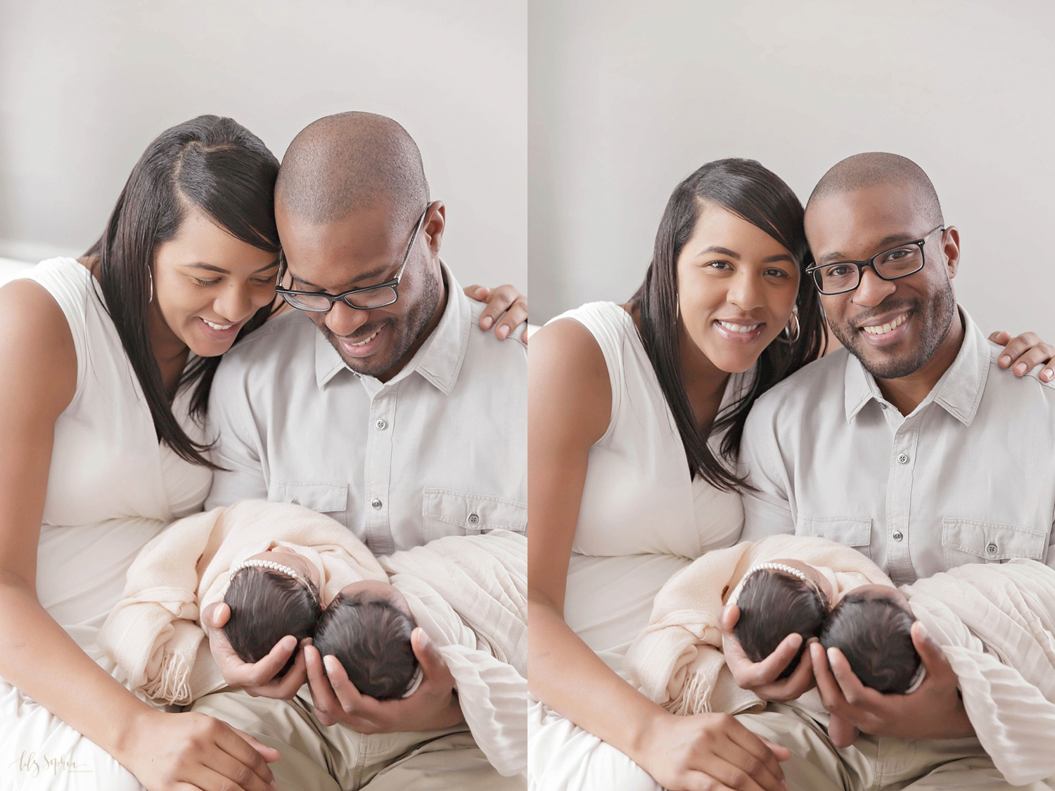  Side by side images of an African American family with the dad holding their infant boy/girl twins and with his wife next to him with her arm around him. 