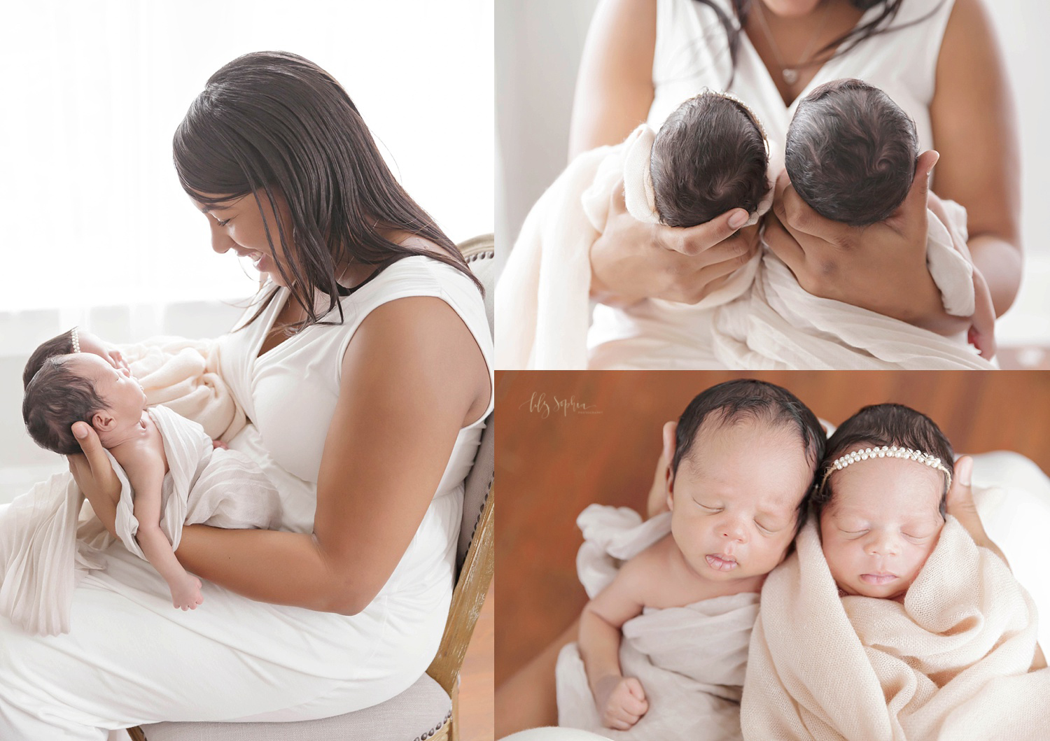  A collage of images of an African American mom holding her sleeping, newborn, boy/girl twins taken from several angles, side, top and above. 