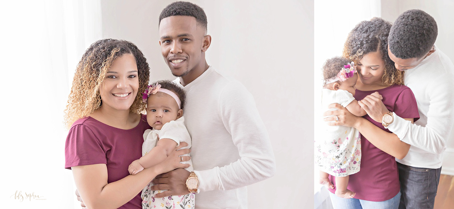  Side by side images of an African American family of three standing in front of a window and smiling.&nbsp; 