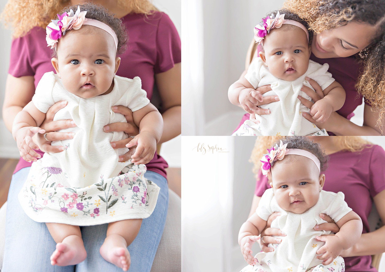  Image collage of a three month old baby girl, wearing a white dress with birds and flowers, and a pink and white bow in her hair, sitting on her mother's lap. 