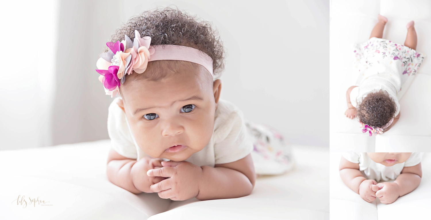  Image collage of an African American, three month old, baby girl, trying to push up on her arms.&nbsp; 