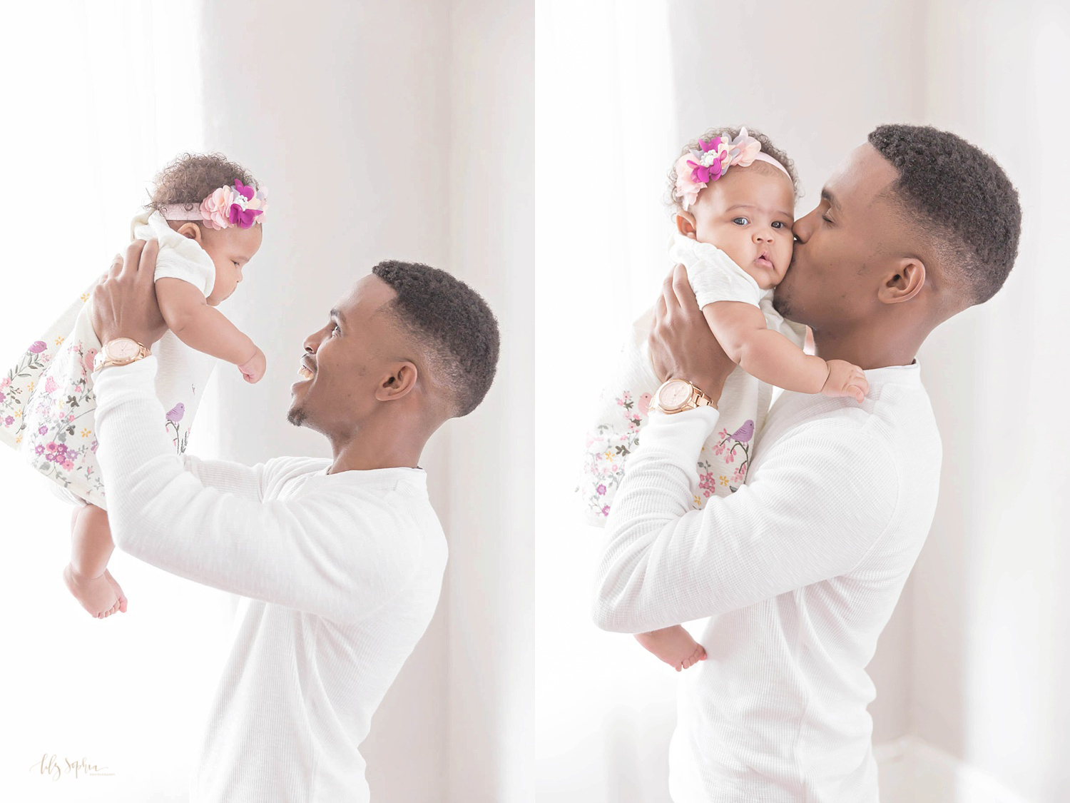  Side by side images of an African American father holding up his daughter. In the first image, he is holding her up and smiling, in the second image, he is kissing her cheek.&nbsp; 