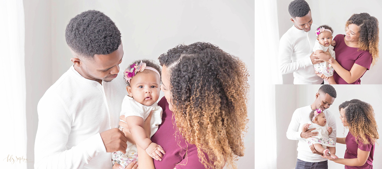  Image collage of African American parents interacting with their three month old daughter.&nbsp; 