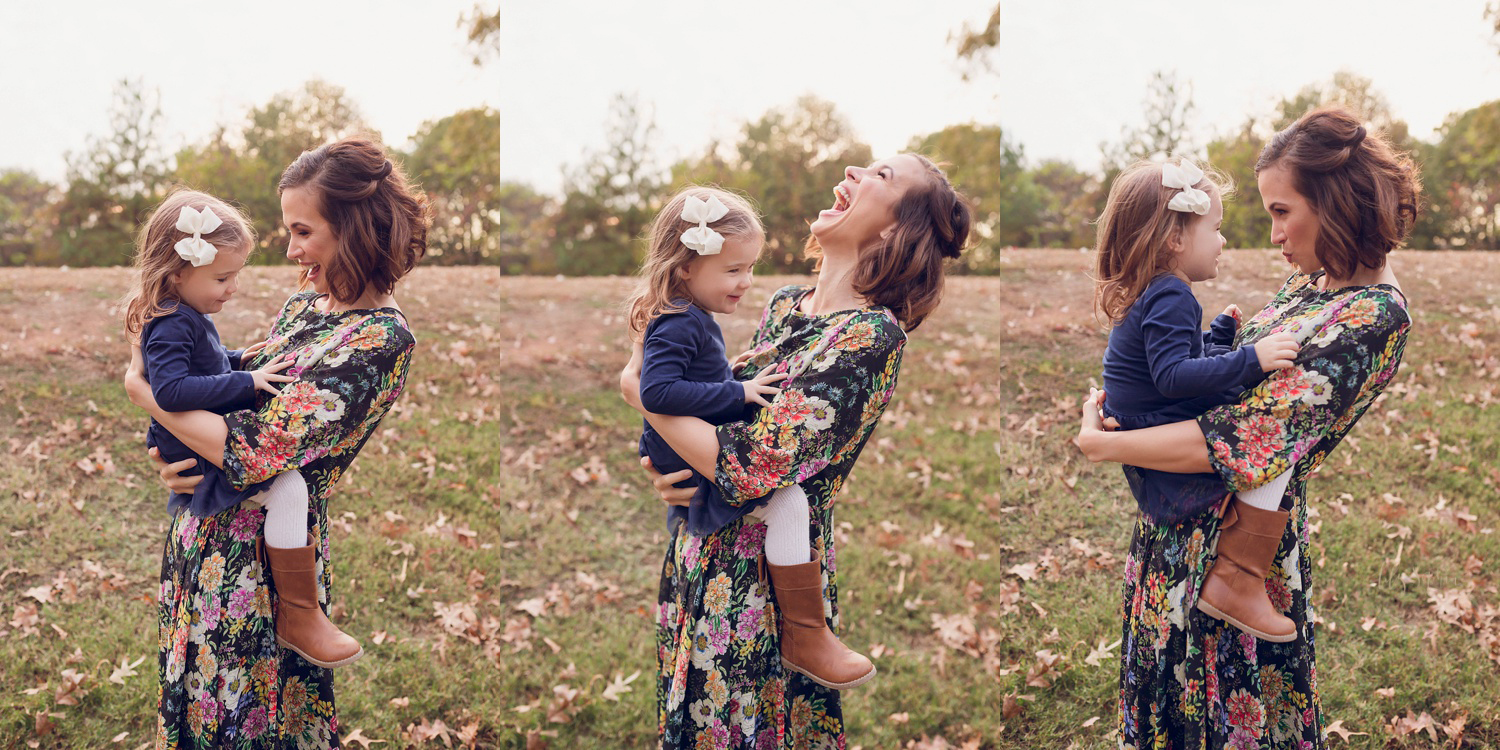  A triptych of a mother holding her daughter and laughing with joy at sunset in a local Atlanta park.&nbsp; 