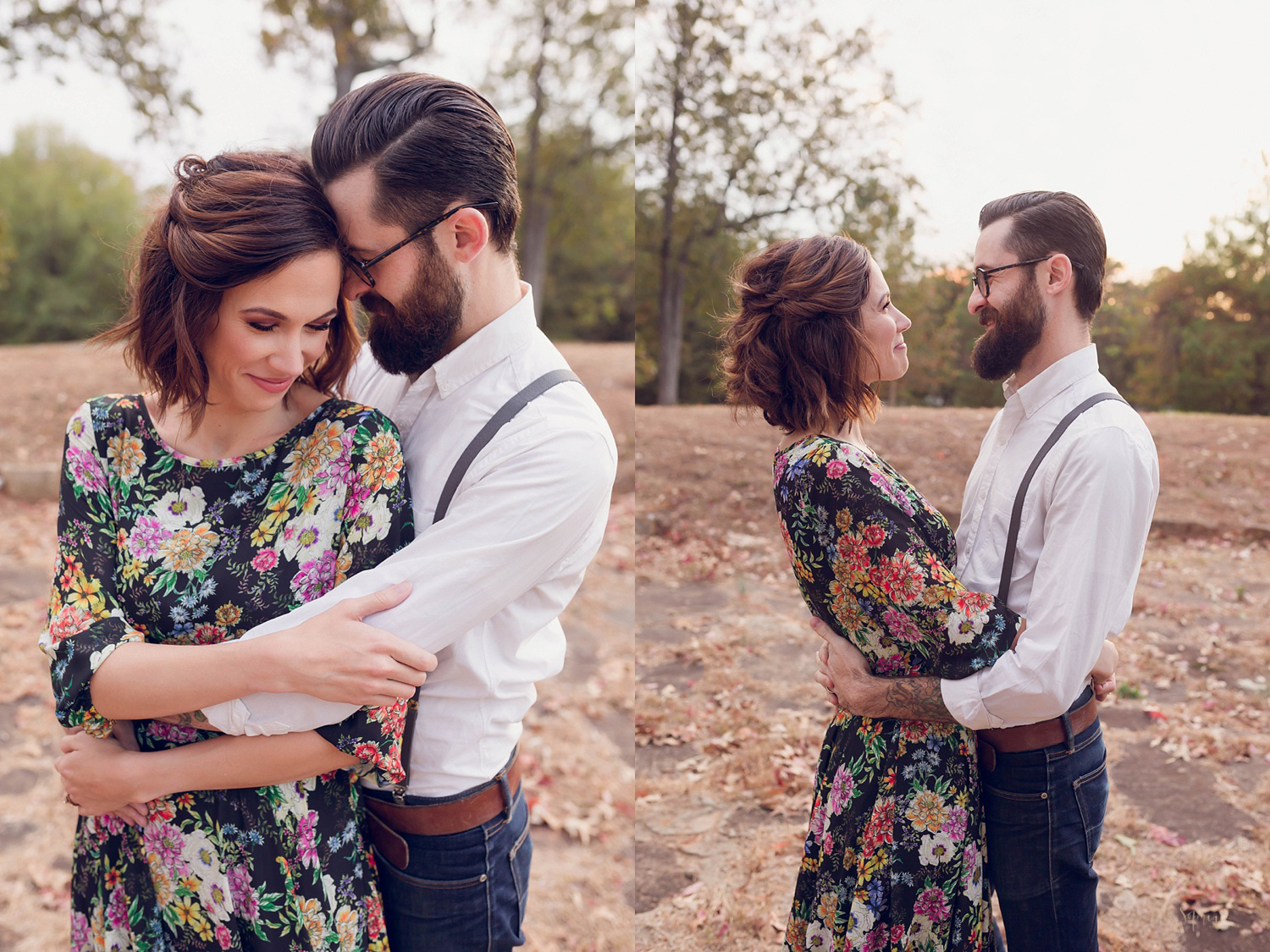  A mother wearing a floral maxi dress and a father wearing skinny jeans, white shirt, and suspenders embracing for some couples photos in Atlanta during their family session.&nbsp; 