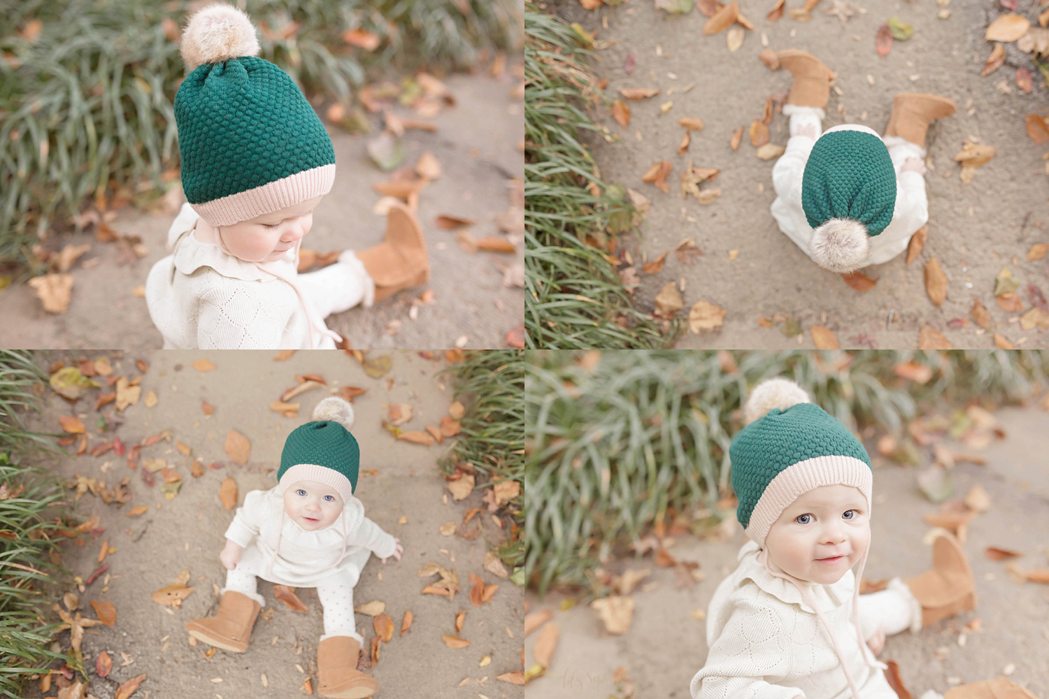  A photo collage of a blue-eyed baby girl, &nbsp;sitting on a sidewalk with fall leaves, wearing a white dress with a ruffled collar, a pink and green winter hat, white tights and brown fur boots with photos taken from above.&nbsp; 