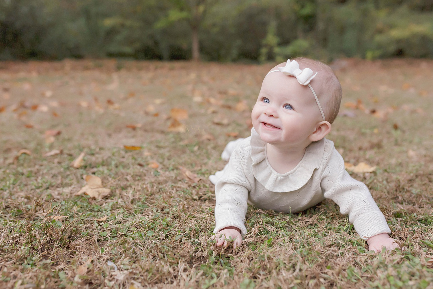  Image of a baby girl on her belly trying to crawl in the grass while she looks up and smiles.&nbsp; 