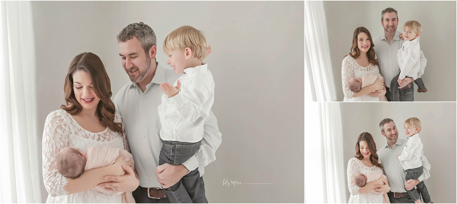 A photo collage of a new family in Lily Sophia Photography's natural light studio located in Atlanta, GA. The mother is holding their newborn baby girl and the father holding is their older toddler son.&nbsp;
