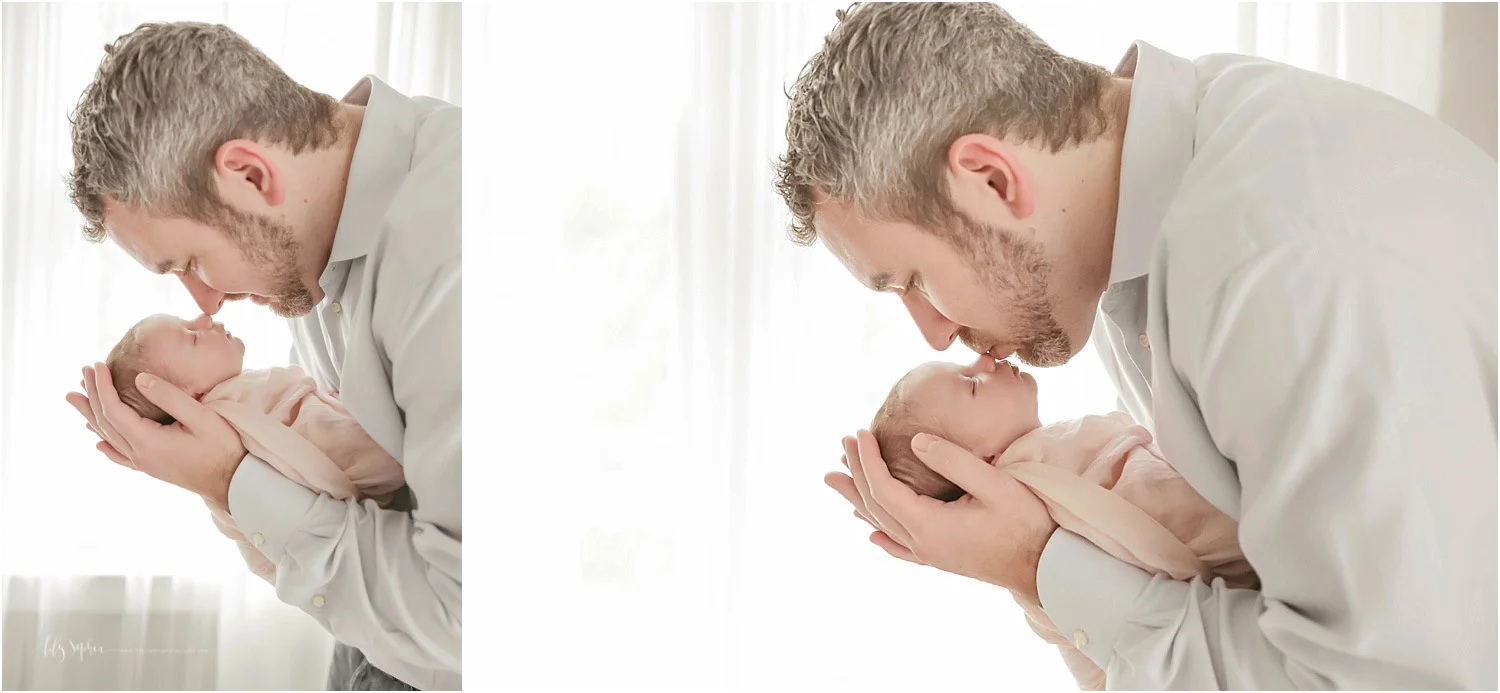 A photo collage of a father holding his newborn daughter and cuddling with her taken at the natural light studio of Lily Sophia Photography in Atlanta, Georgia.