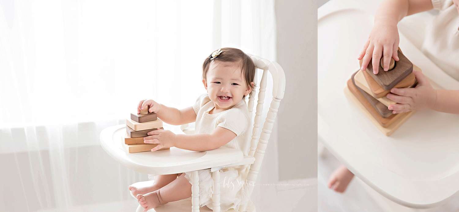  Side by side images, in the first image, there is an Asian, baby, girl, sitting in an antique wooden high chair, playing with wooden blocks. The second image, is a close up of her hands playing with the blocks. 