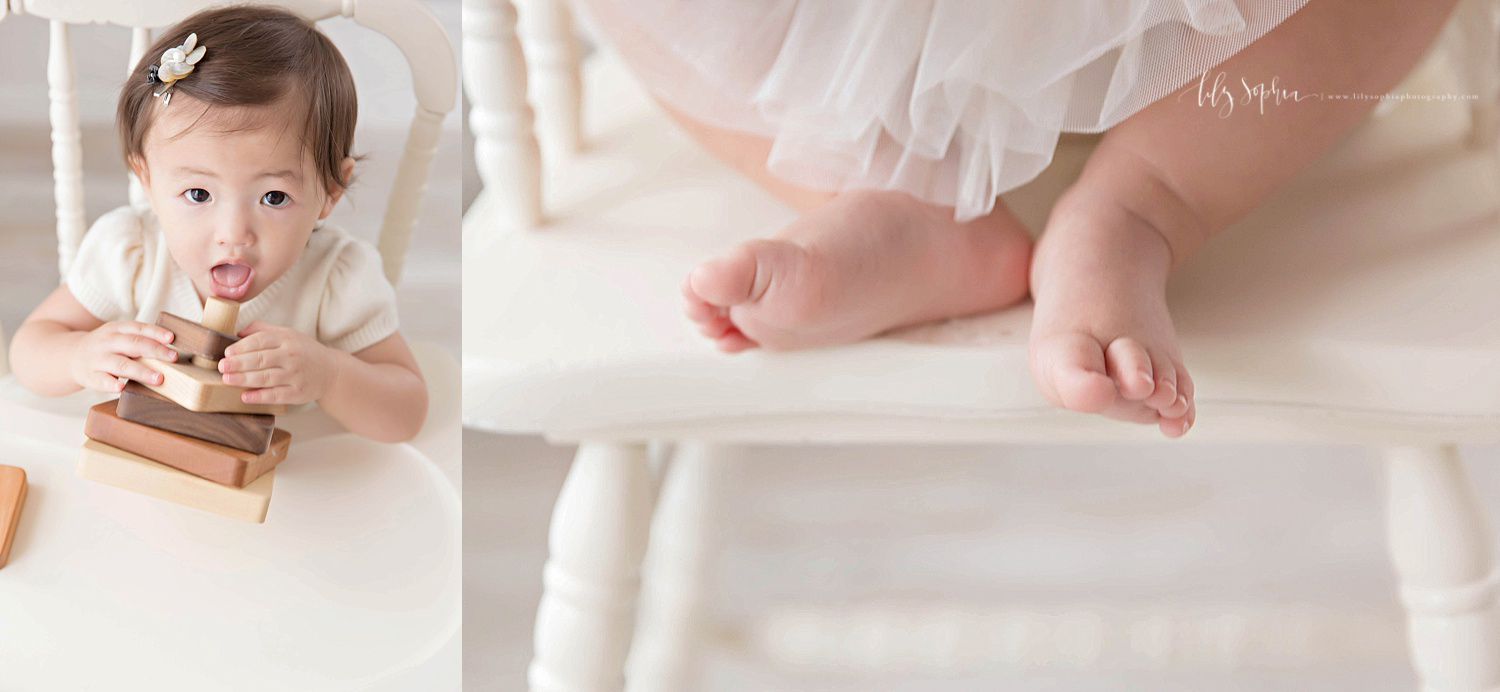  Side by side images of an Asian, baby, girl, sitting in a wooden high chair. In the first image, she is playing with wooden blocks, and about to chew on one. The second image is a close up of her toes.&nbsp; 