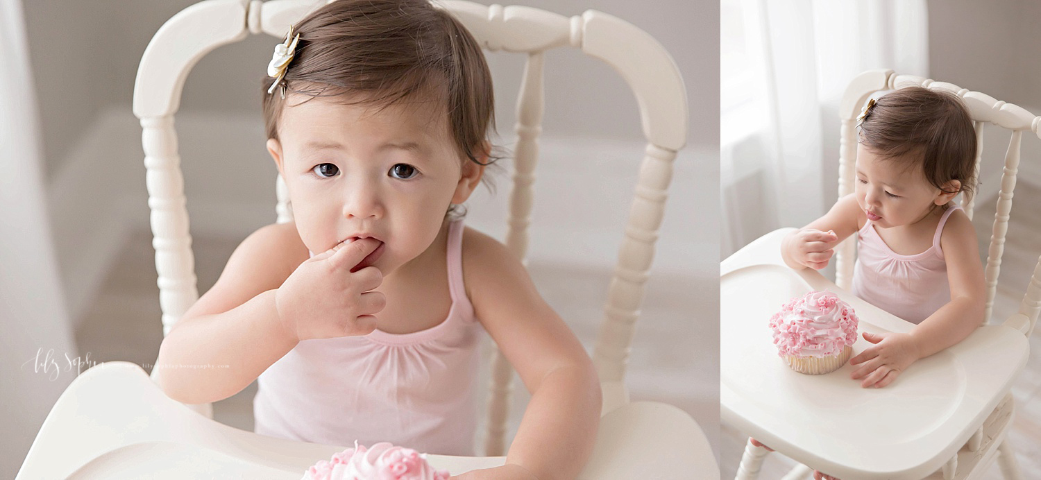  Side by side images of an Asian, baby, girl eating her pink cupcake, tentatively. 