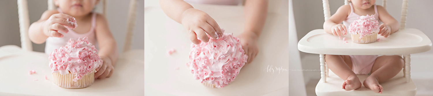  Image collage of a baby girl putting her fingers into the icing of a cupcake.&nbsp; 
