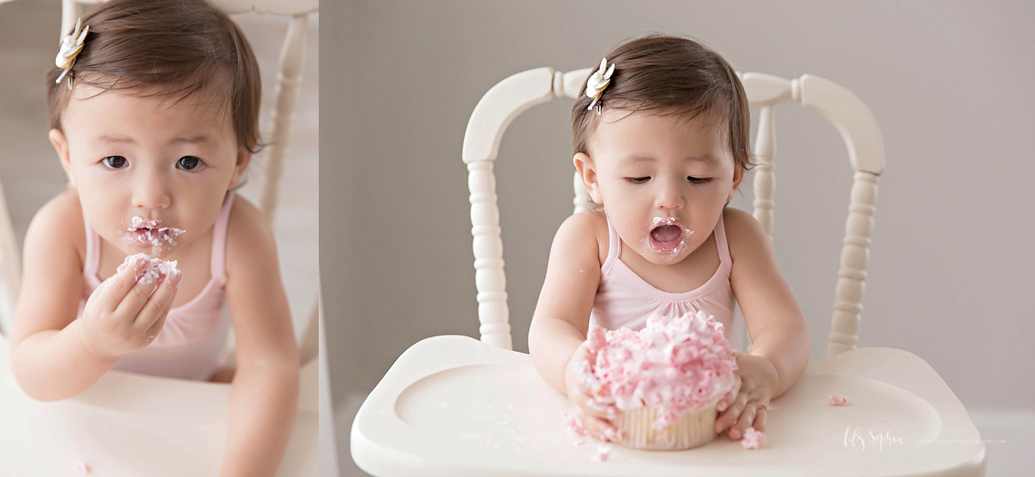 Side by side images of an Asian, baby, girl, sitting in a wooden chair and eating her pink cupcake.&nbsp; 