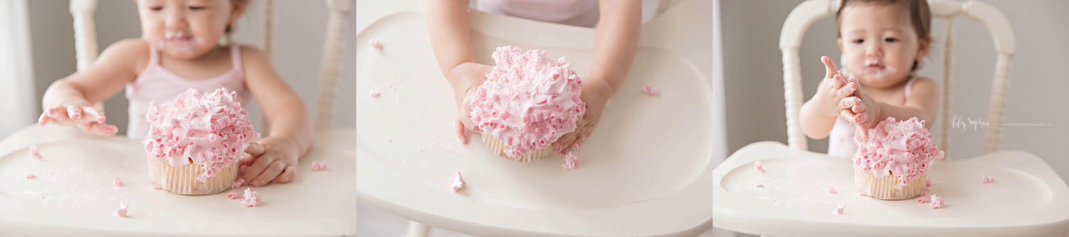  Photo collage of an Asian, baby, girl shoving her fingers into the icing on her pink cupcake.&nbsp; 