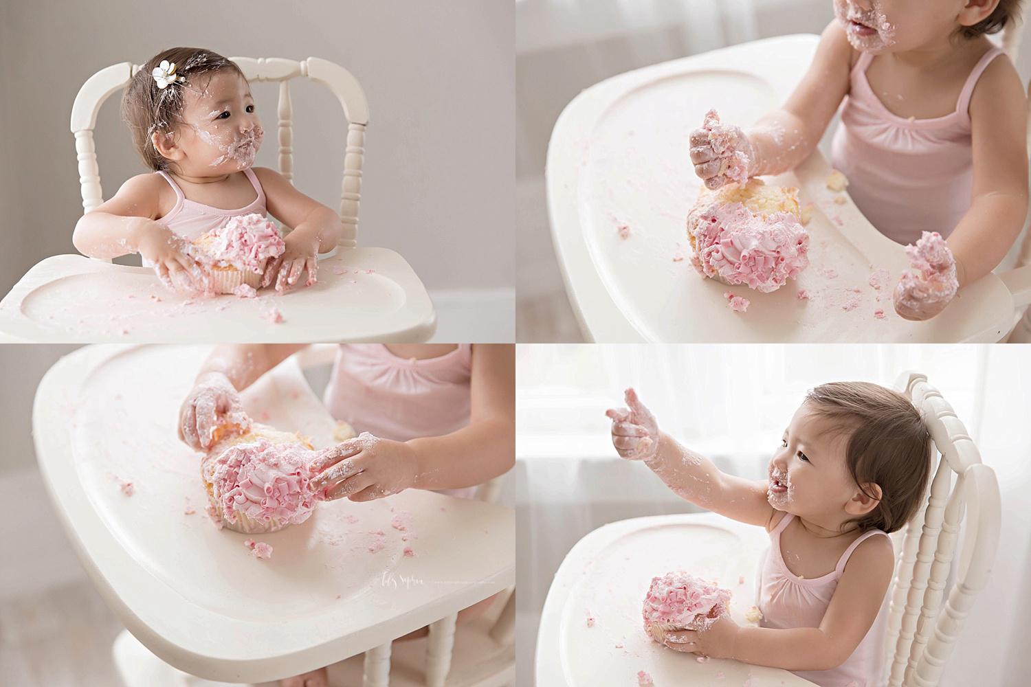  Photo collage of an Asian, baby, girl, covered with icing from her first birthday smash cake.&nbsp; 