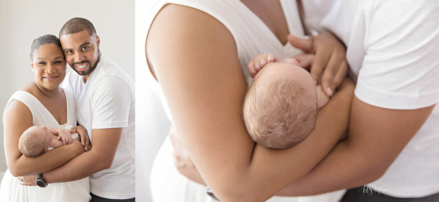  Side by side images of an African American woman holding her, sleeping, newborn, son in her arms, and her husband hugging both of them. 