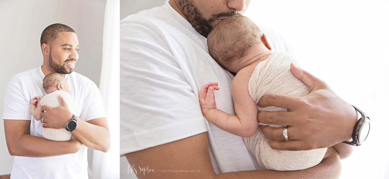  Image collage of an African American, father, holding his sleeping, newborn, son, to his chest and cuddling him.&nbsp; 