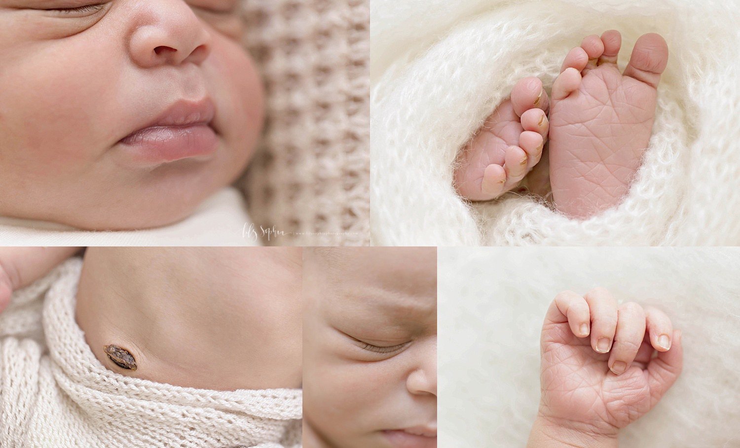  Macro image collage of a newborn African American, baby, boy's lips, toes, umbilical cord stump, eyelashes and hand.&nbsp; 