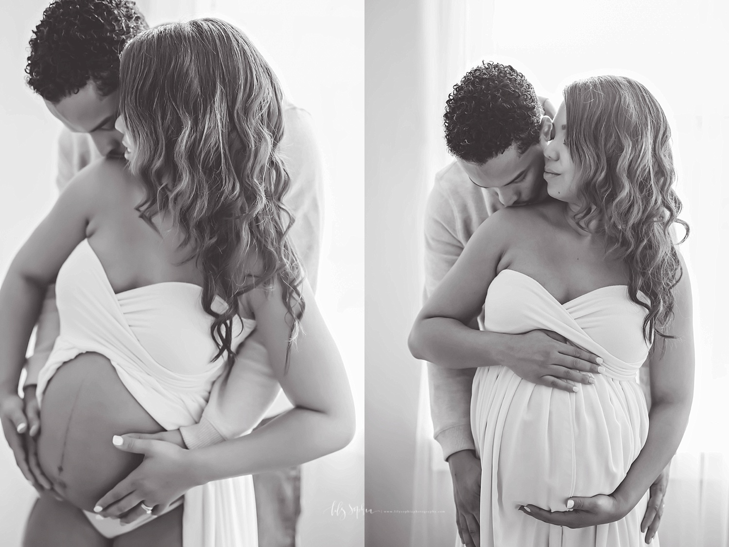  Side by side, black and white images of a African American pregnant woman and her husband. In the first image, she is wearing a split front dress and they are holding her belly. &nbsp;In the second image her husband is kissing her should while she h