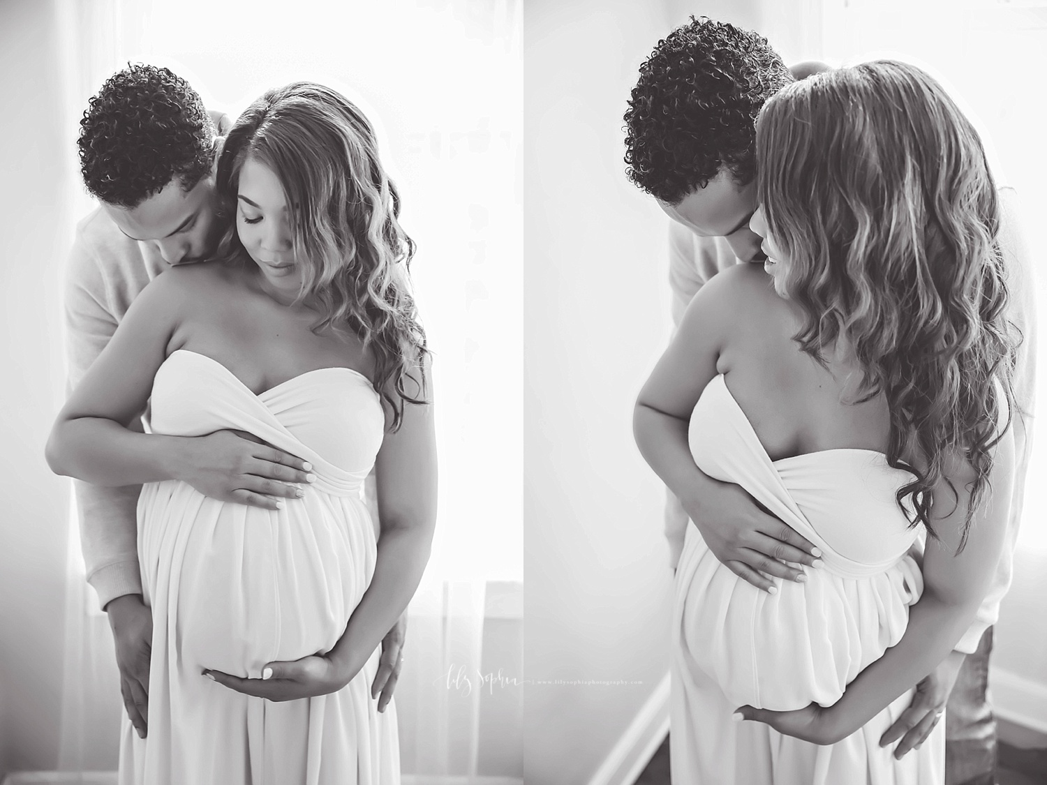  Side by side, black and white images of a pregnant, African American woman and her husband, standing in front of a window,&nbsp;&nbsp;looking down at her pregnant belly, while her husband holds her from behind.&nbsp;&nbsp; 