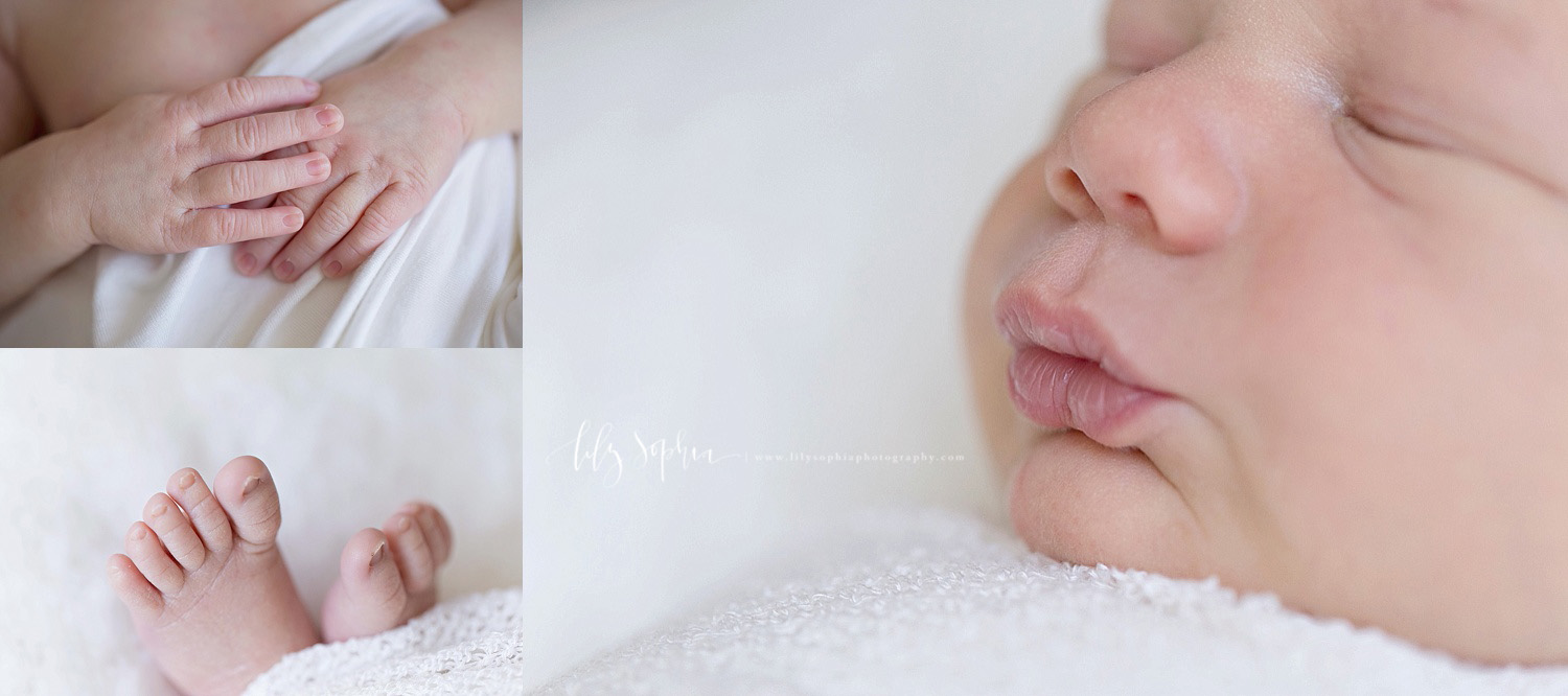  Image collage of newborn baby, hands, toes, and lips.&nbsp; 