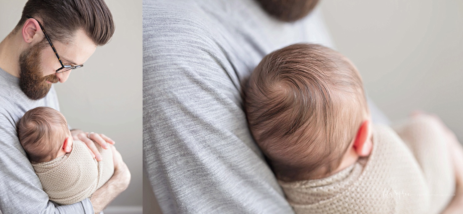  Side by side image of a father holding his sleeping, newborn son in his arms.&nbsp; 