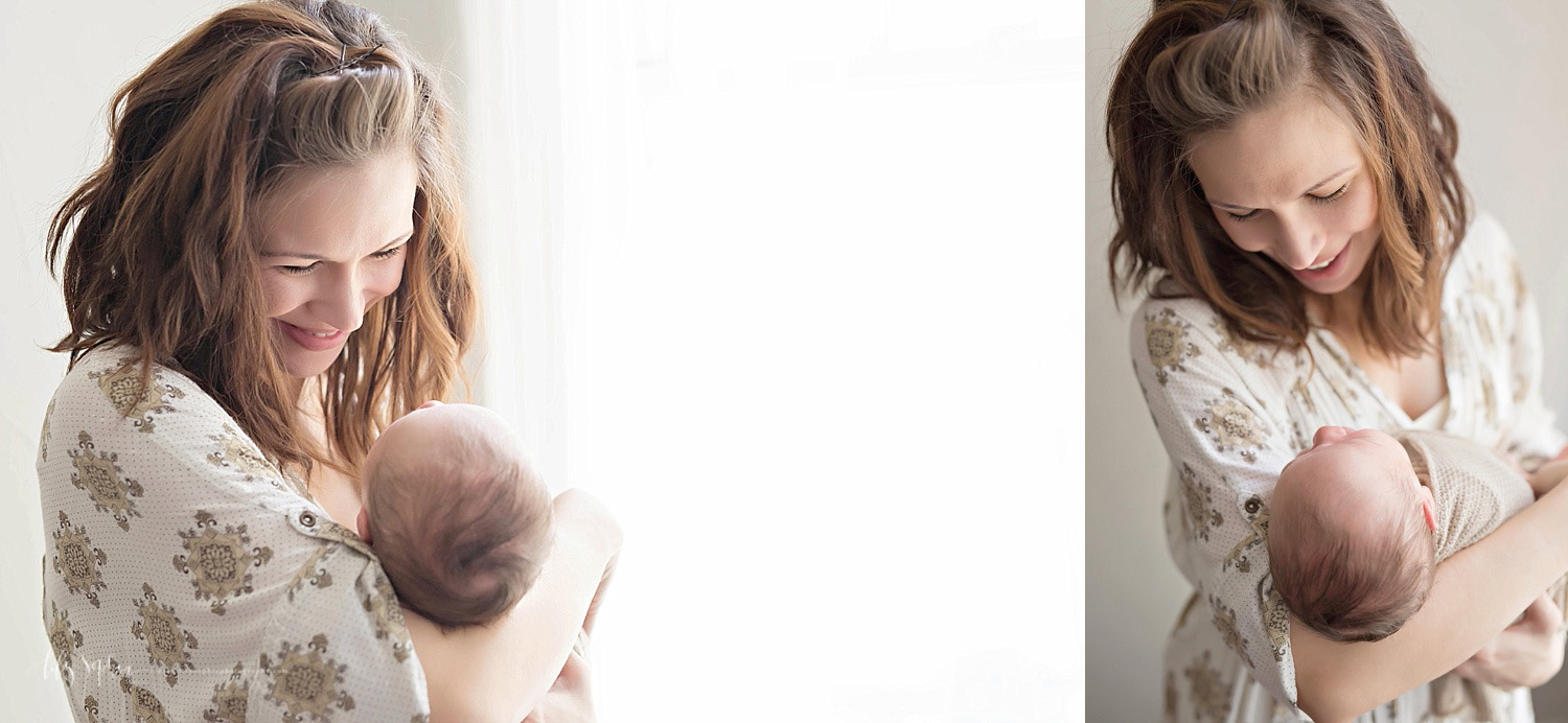  Side by side images of a mother, holding her sleeping, newborn, son in her arms and smiling down at him.&nbsp; 