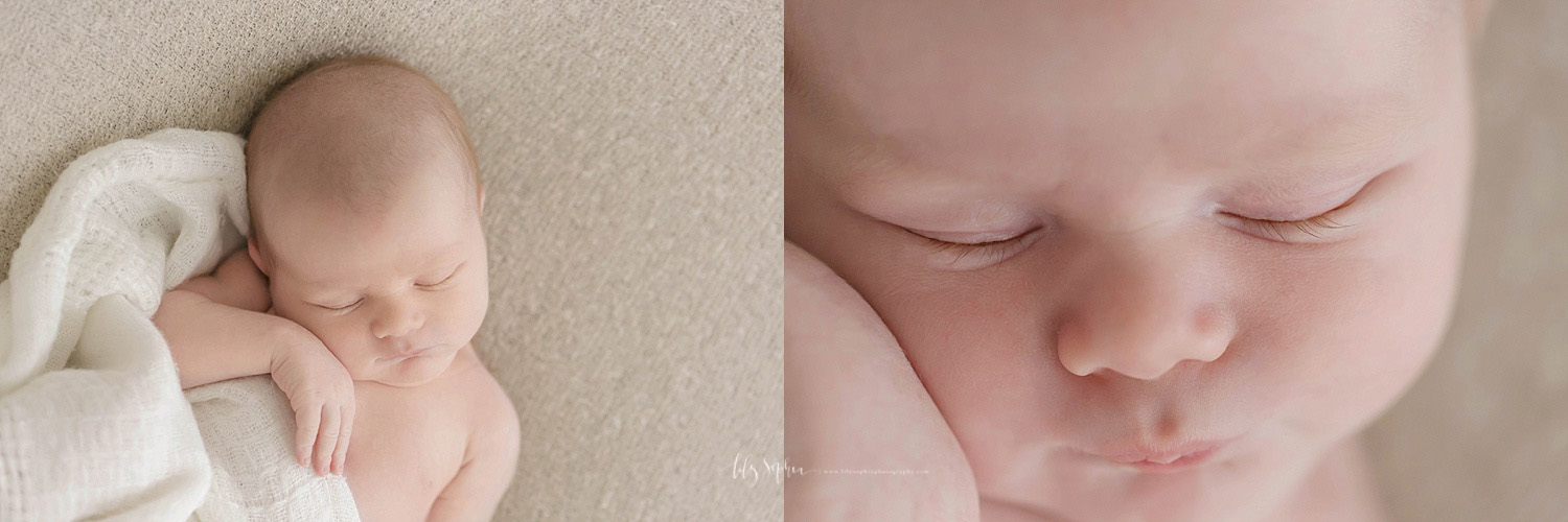  Side by side images of a sleeping, newborn, boy, wrapped in a white blanket.&nbsp; 
