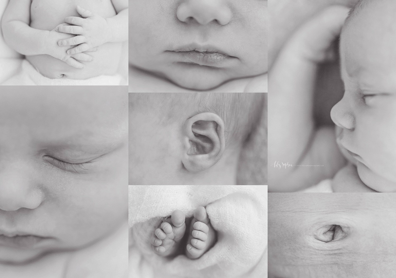  Black and white photo collage of macro images of a newborn baby's hands, lips, nose, eye lashes, ear, toes and belly button.&nbsp; 