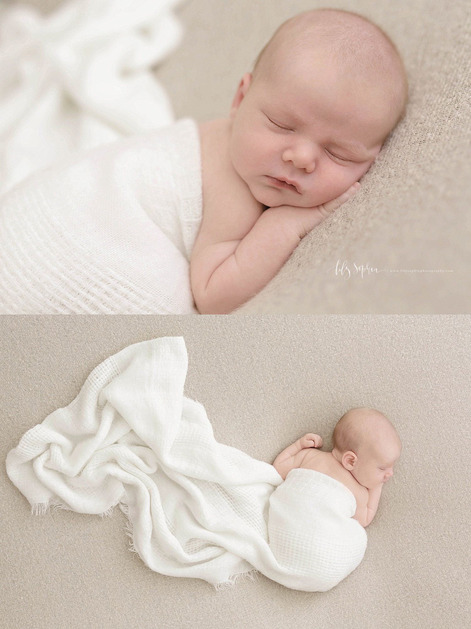  Stacked images of a sleeping, newborn, boy wrapped in a white blanket. The top image is a close up of his face with his hand under his cheek and the second image is taken from above.&nbsp; 