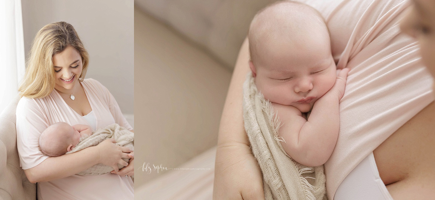  Side by side images of a new mother holding her sleeping, newborn son, wrapped in a brown blanket. The first image is of both of them and the second image is a close up of her son in her arms. 
