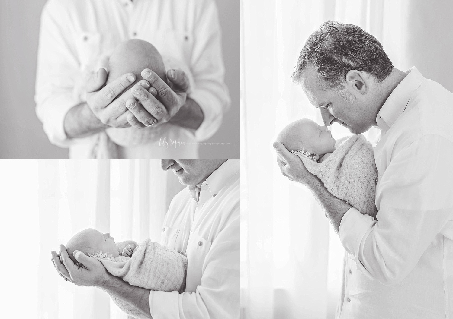  Black and white photo collage of a father holding his sleeping newborn son in his hands.&nbsp; 