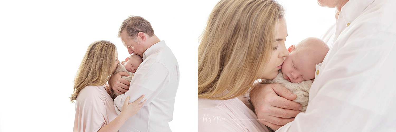  Side by side images of a mother kissing her sleeping, newborn son, while he is being held by his father. Taken in the natural light studio of Lily Sophia Photography.&nbsp; 