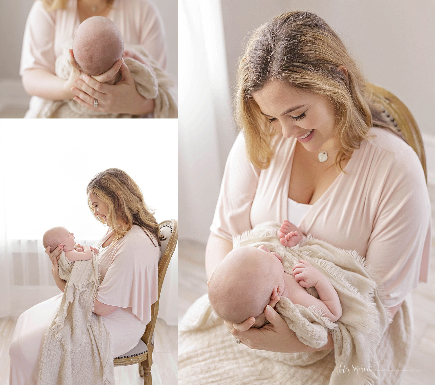  Photo collage of a mother, sitting in a chair, and holding her sleeping, newborn son who is wrapped in a cream blanket. &nbsp; 