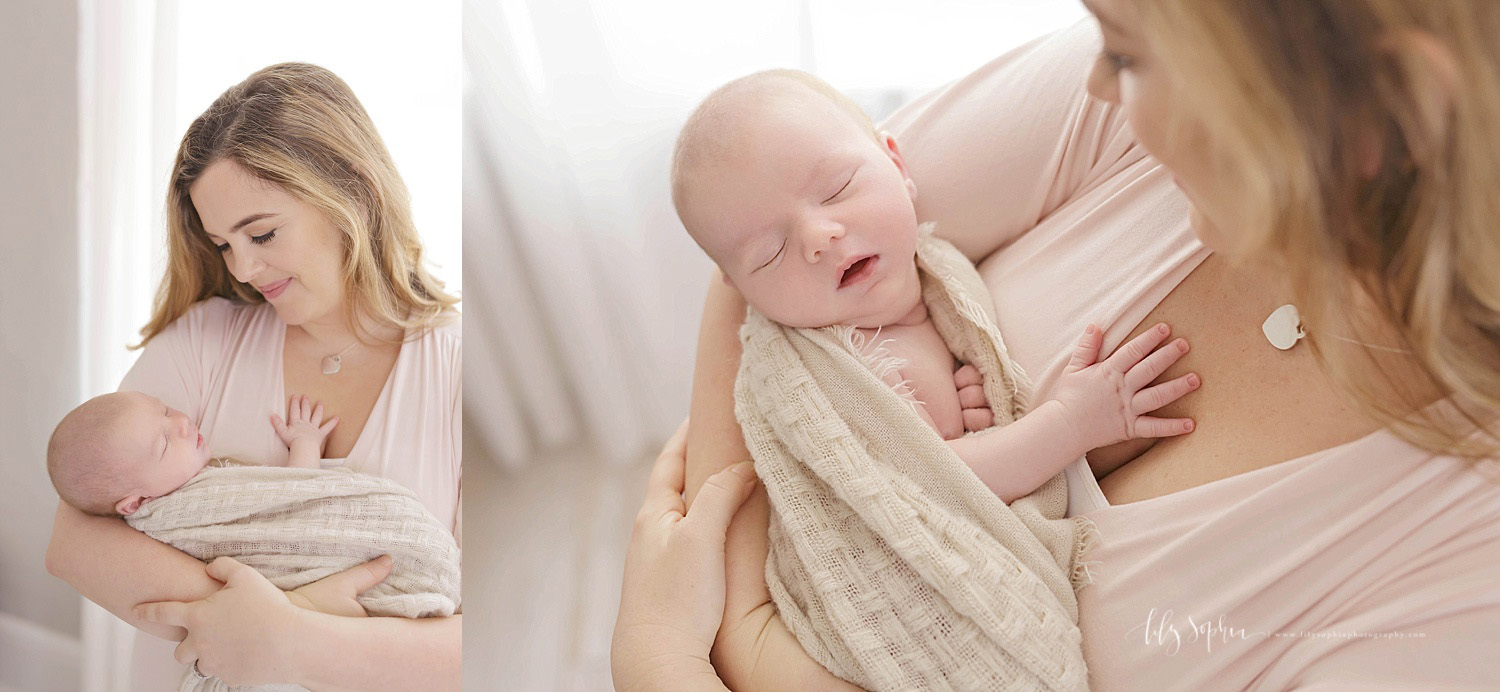  Side by side images of a mother holding her sleeping, newborn son. 