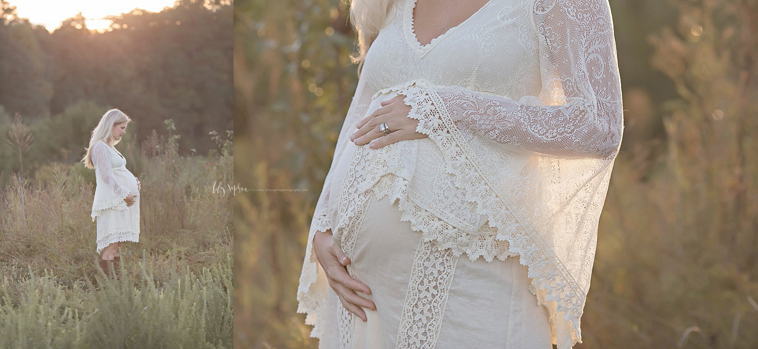  Side by side images of a pregnant woman, standing in a field at sunset, holding her belly.&nbsp; 