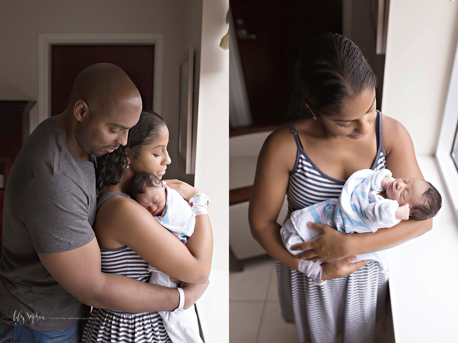  Side by side images. The first image is of an African American man, holding his wife, who is holding their sleeping, newborn, baby, son. The second image, is of an African American woman, cradling her sleeping, newborn, son.&nbsp;&nbsp; 